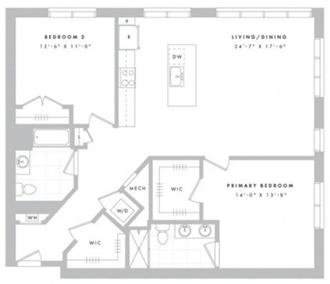 Floor plan for 2 beds, 2 baths, 1258 sqft